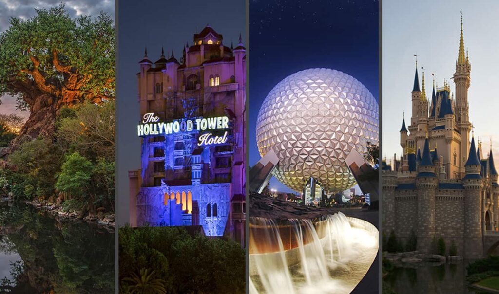 Landmarks from Disney’s Animal Kingdom, Hollywood Studios, Epcot, and Magic Kingdom theme parks.