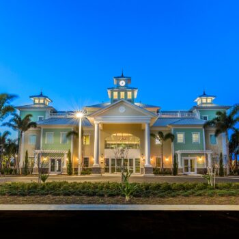 Entrance to the Encore clubhouse at sunset.