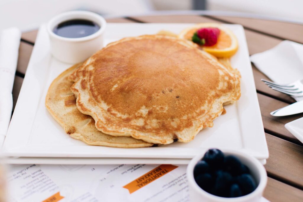 A plate of breakfast pancakes.