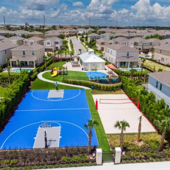 Aerial view of the Encore Resort East Side, including vacation homes, sports facilities, playground, and splash zone.