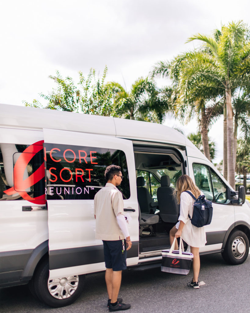 An Encore Resort shuttle arrives to transport guests to the Clubhouse or to Orlando area theme parks.