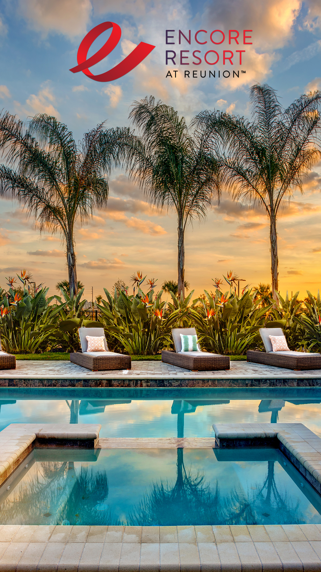 Mobile wallpaper featuring an Encore Resort vacation home private pool at sunset.