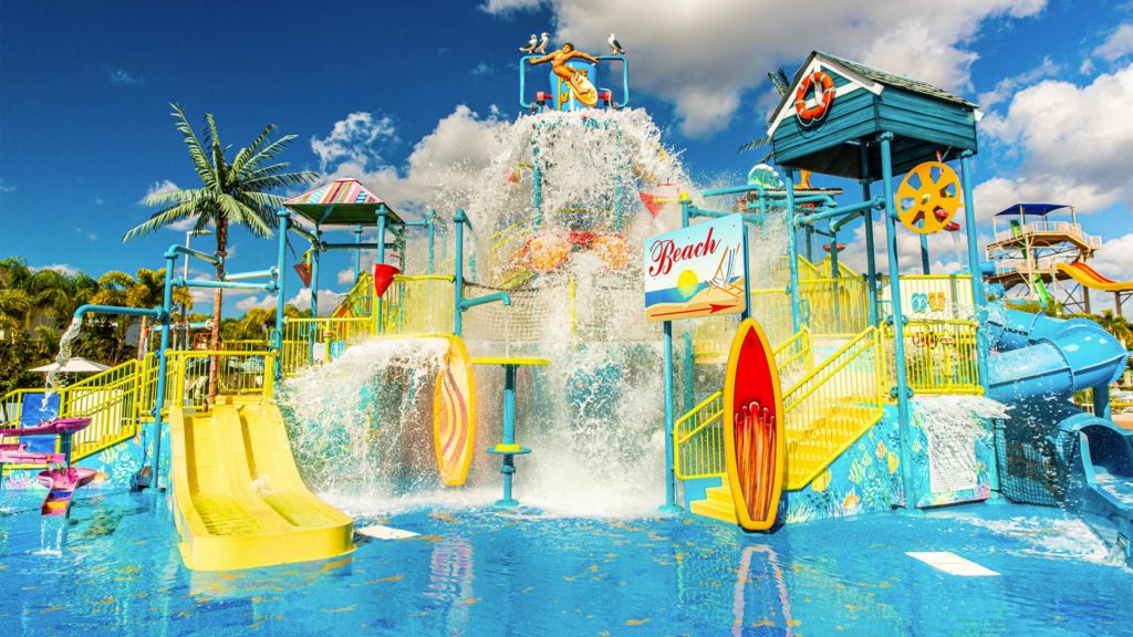 Water pours over the Surfing Safari kids splash area at the Encore Resort water park.