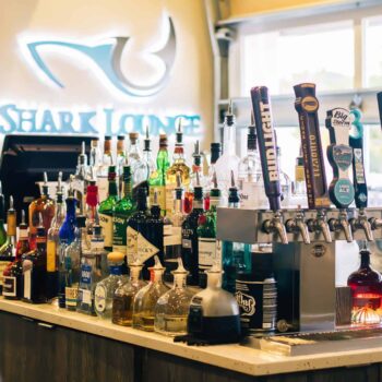 The Shark Lounge bar lined with bottles and taps of available drinks.