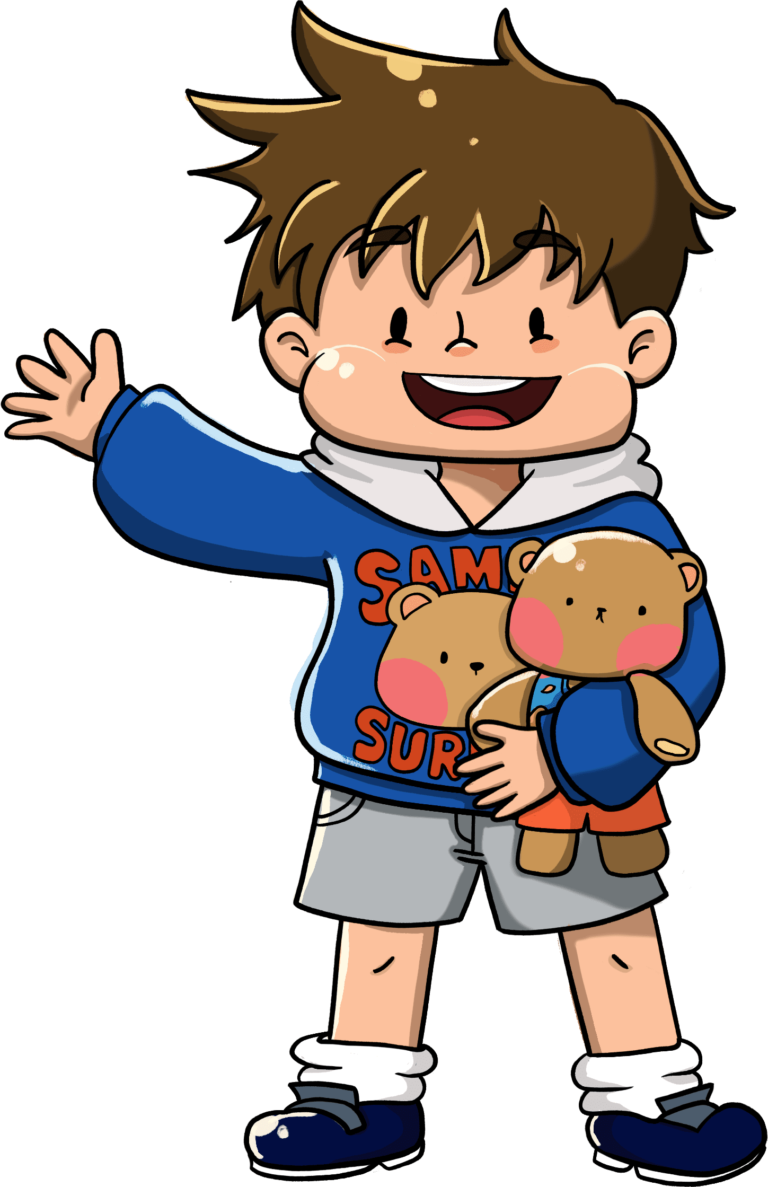 Max Luna waving while holding his teddy bear