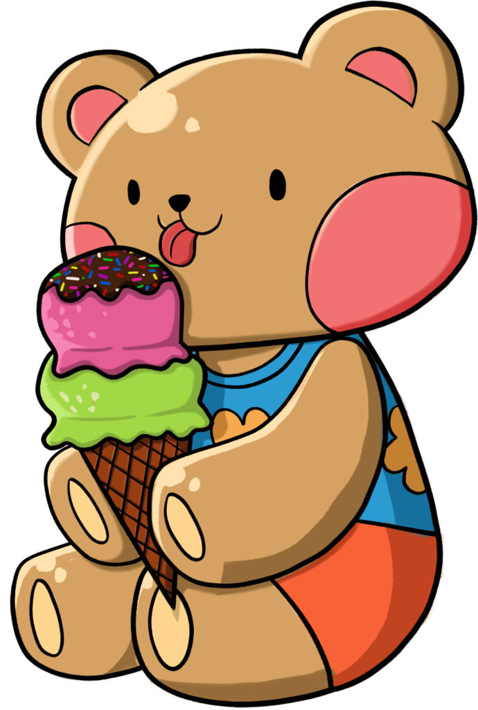 Sammy the Surfing bear eating an ice cream cone