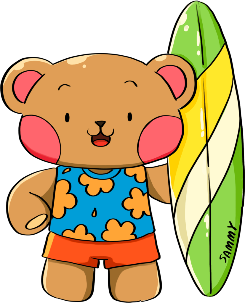 Sammy the Surfing bear holds his surfboard