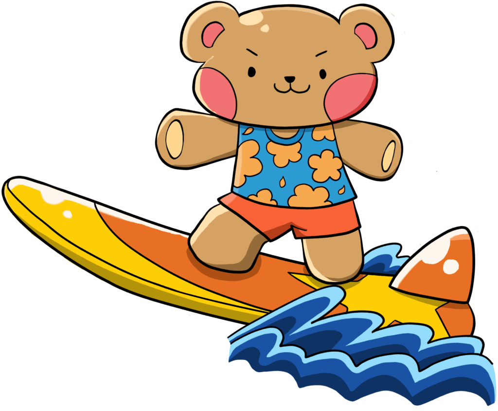 Sammy the teddy bear surfing on a wave