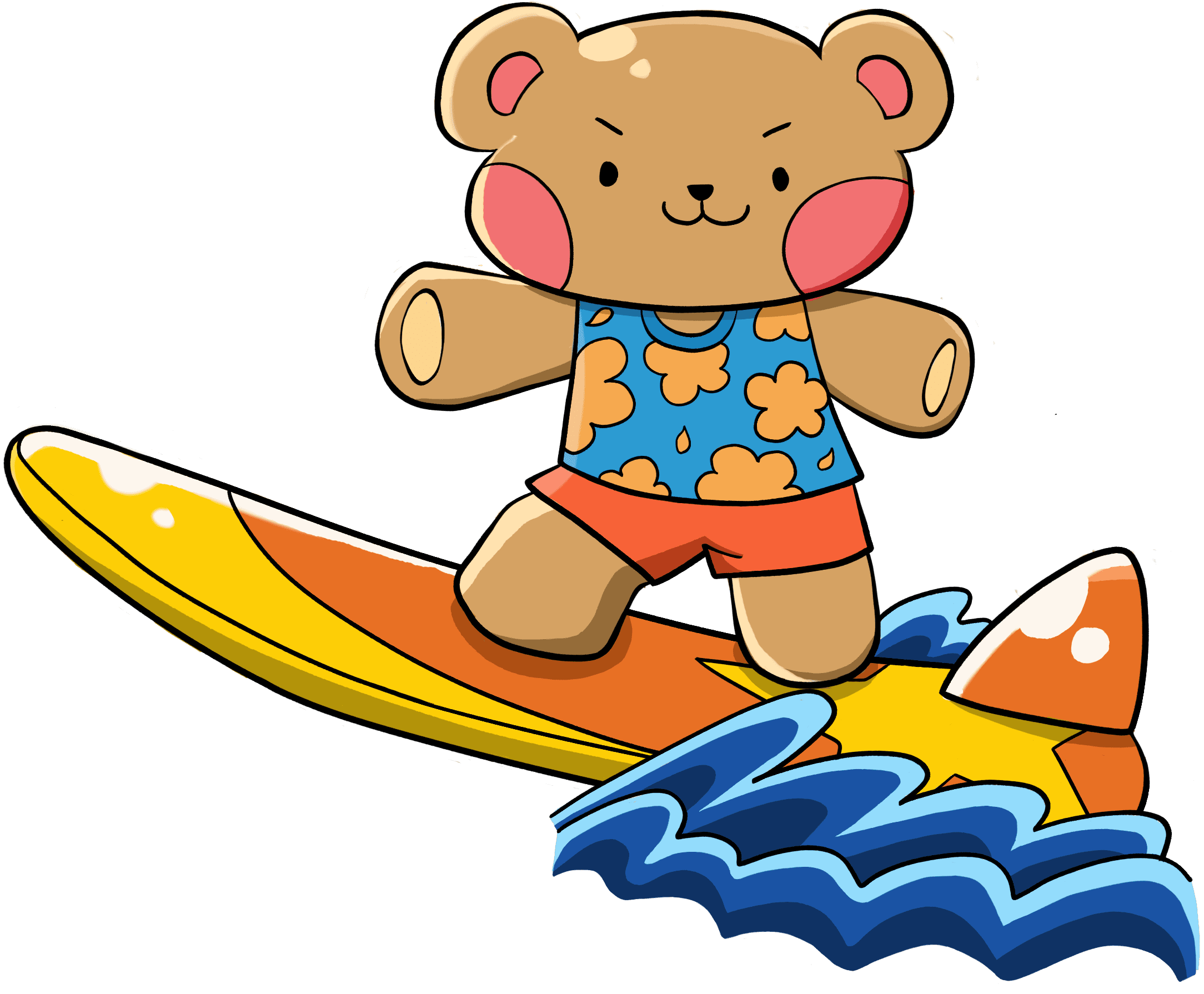 Sammy el oso de peluche surfeando en una ola