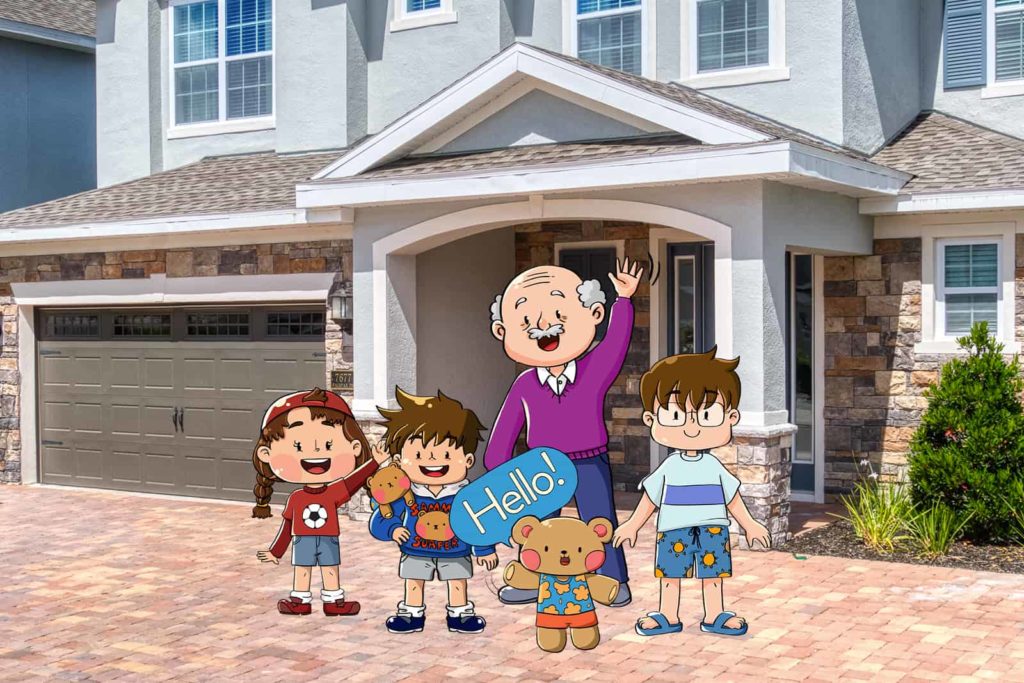 Cartoon drawings of the Luna family in front of an Encore Resort residence.