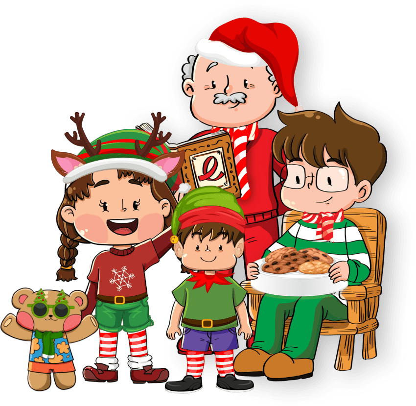 The Luna family, in Christmas outfits, read a holiday story