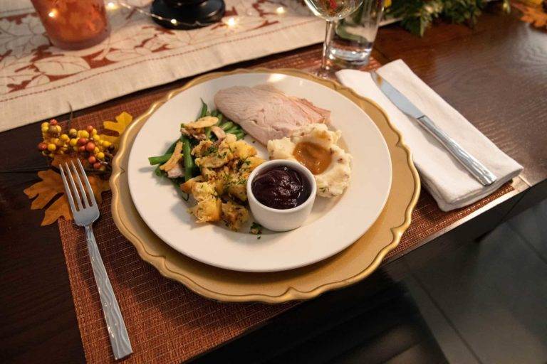 Thanksgiving dinner plate with turkey, stuffing, cranberry sauce, and mashed potatoes