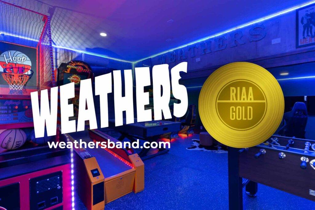 Stylish arcade room in Weathers’ Orlando vacation home with the band logo and Gold Record in foreground