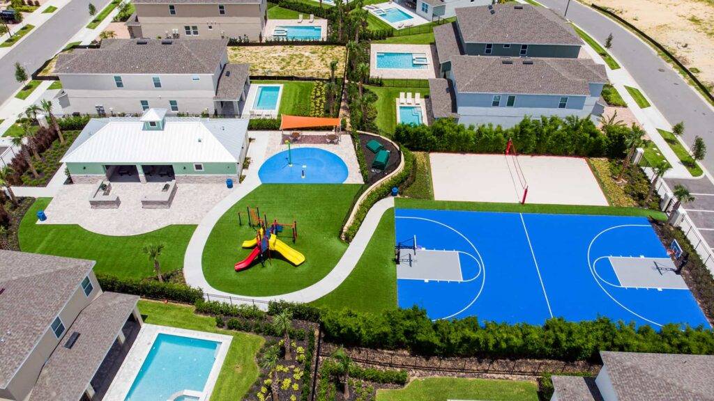 East Side Amenity Center at Encore Resort featuring a pavilion for up to 40 people, kids’ playground, full basketball court, beach volleyball court, and splash pad
