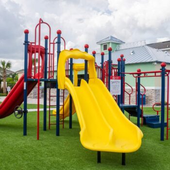 The kids’ playground area at the Encore Resort’s East Side includes several slides and climbing bars.