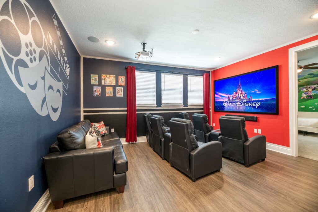 Home theater with 6 leather recliners, leather sofa, projector, and large, wall-mounted screen