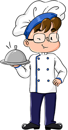 Nico Luna in a chef's coat holding a serving tray