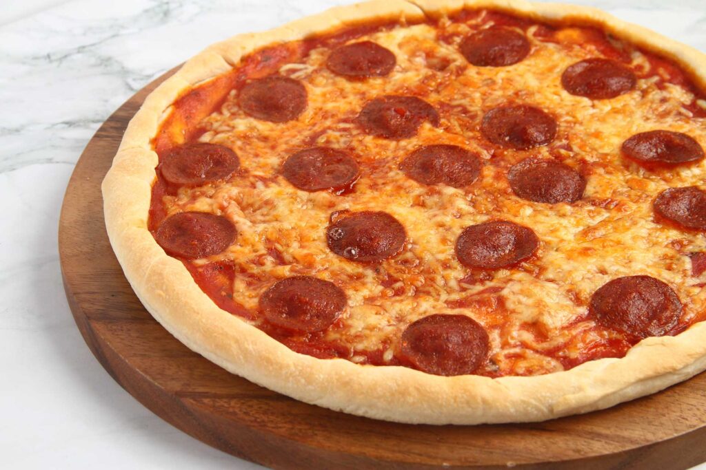 Close up of a pepperoni pizza