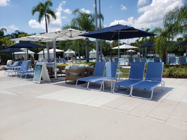 Private Cabanas 5 Outdoor lounge furniture covered by umbrellas at the Encore Resort Water Park