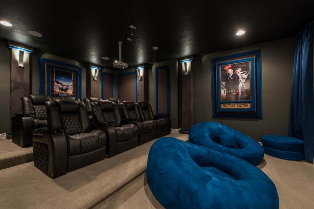 Home theater with multi-level seating and bean bag chairs in an 11 Bedroom Vacation Home
