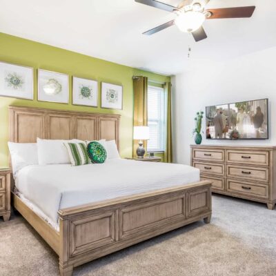 Master bedroom with king bed, dresser, and wall-mounted TV