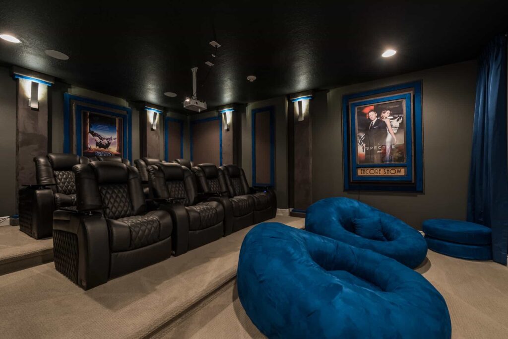 Home theater with leather recliners and large bean bag chairs