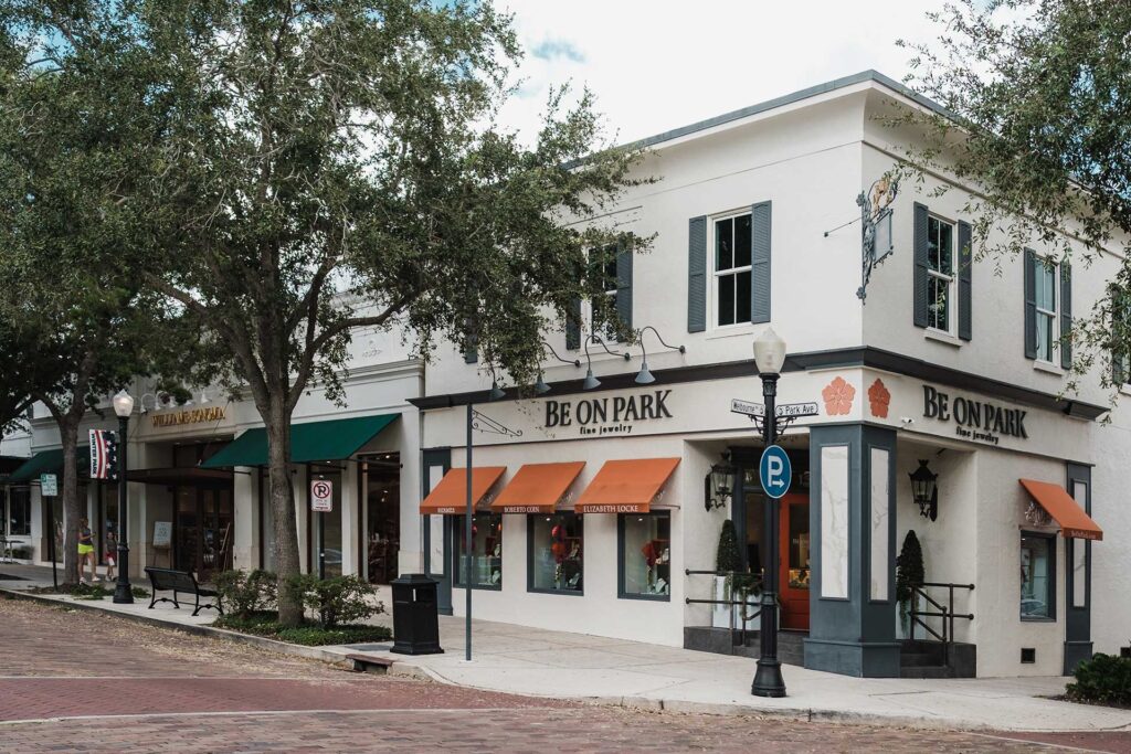 Brick street lined with shops in Winter Park, Florida