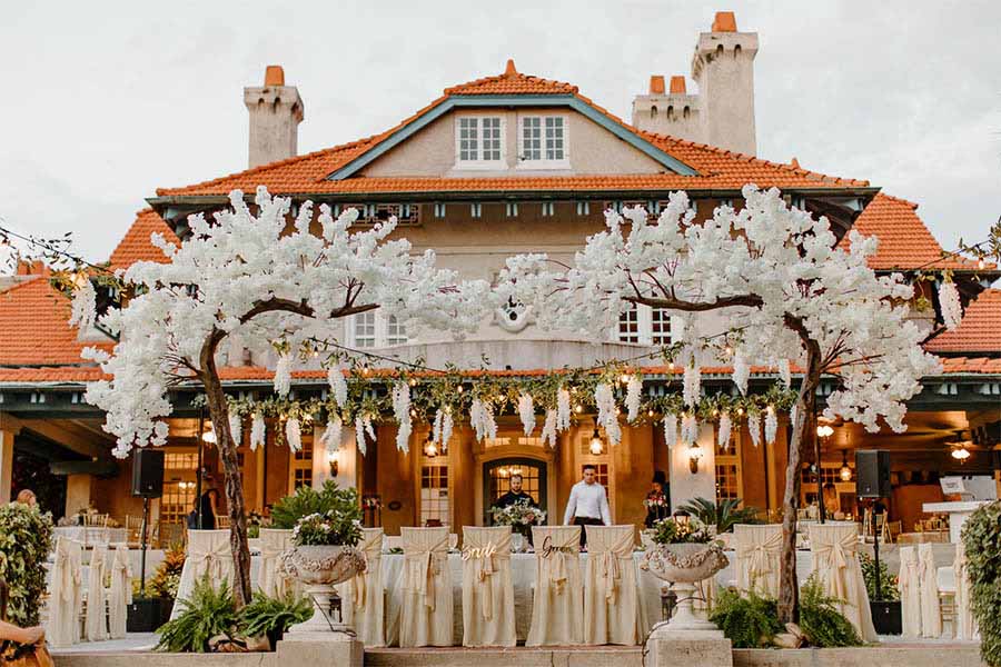 Historic Spanish-style mansion set up for a wedding reception
