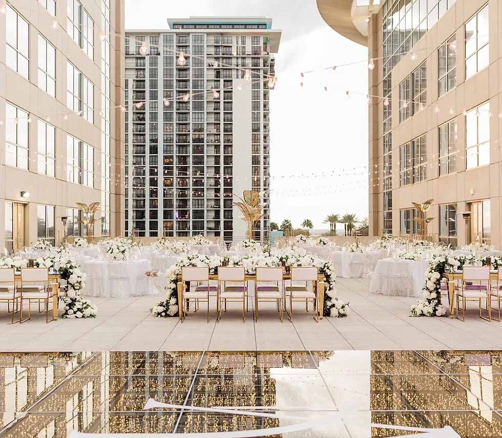 Elegant rooftop wedding reception in downtown Orlando, Florida