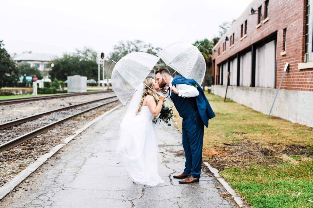 Bride and groom kissing under umbrellas next to railroad tracks